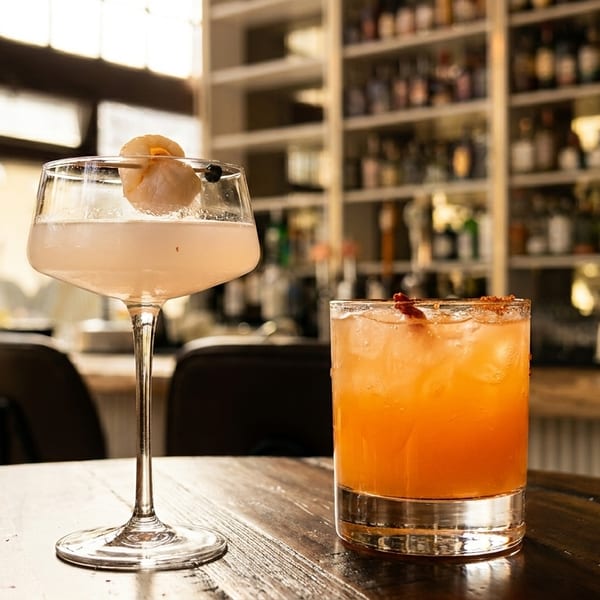 Two cocktails, one light pink and one orange, on a wooden table in a bar setting.