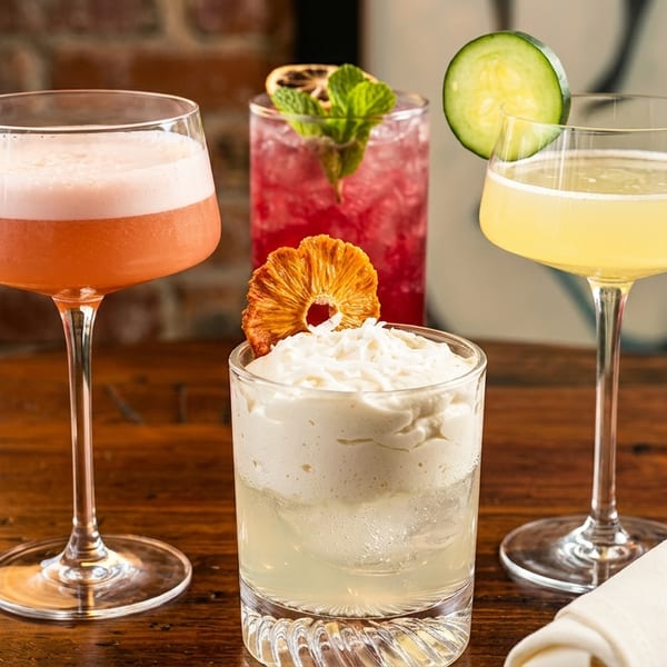 Four colorful cocktails, garnished with fruit and mint, sit on a rustic wooden table.